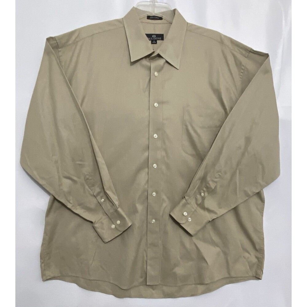 Paul Dione Mens 18 34/35 Khaki 100% Cotton 2 Ply Dress Shirt Button Front